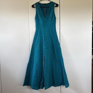 Vintage Blue Prairie Dress Country Cottage Eyelet Lace V Neck Maxi Dress Small
